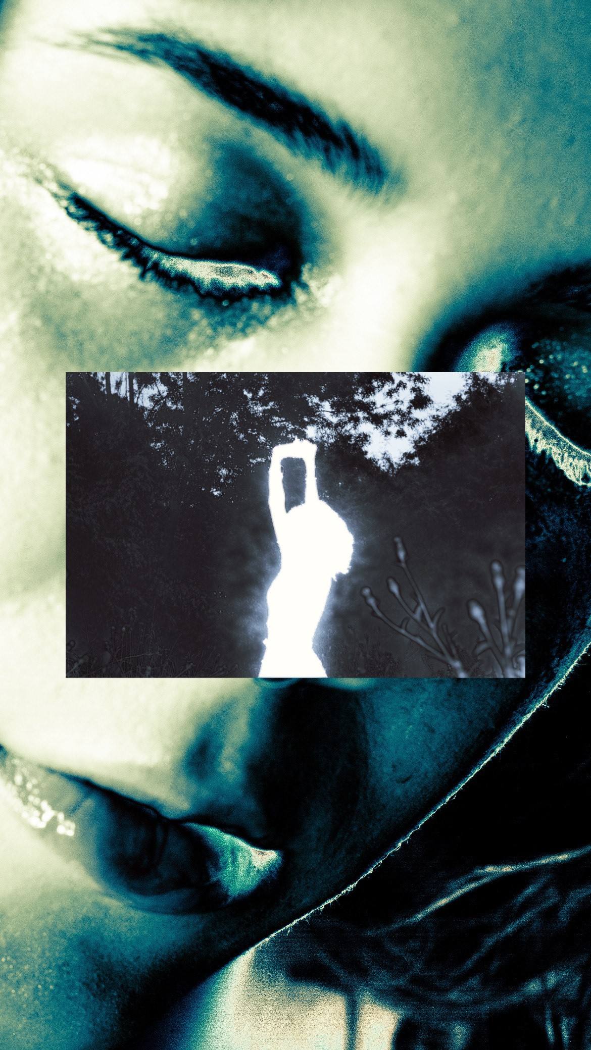 Collage: a teal duotone face with eyes closed and an inset negative silhouette
