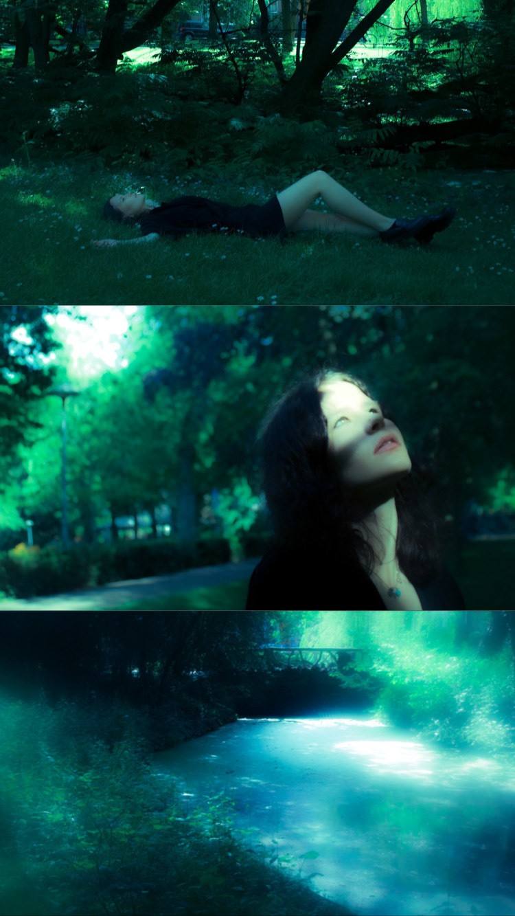 Vertical triptych in cold green: a figure lying on the forest floor, a woman looking up, a glowing teal pond