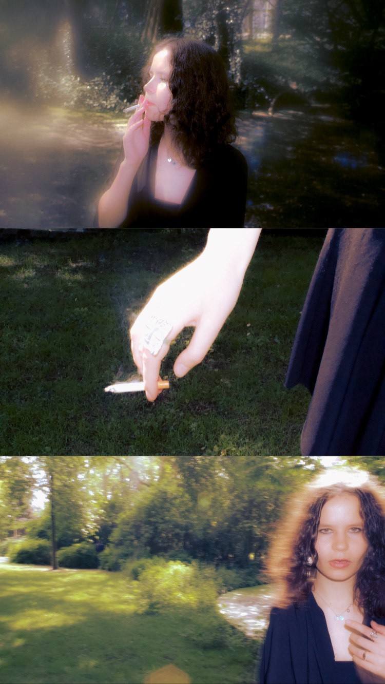 Vertical triptych: a woman smoking in a misty park, a hand with a cigarette, a woman in a coat in sunlight