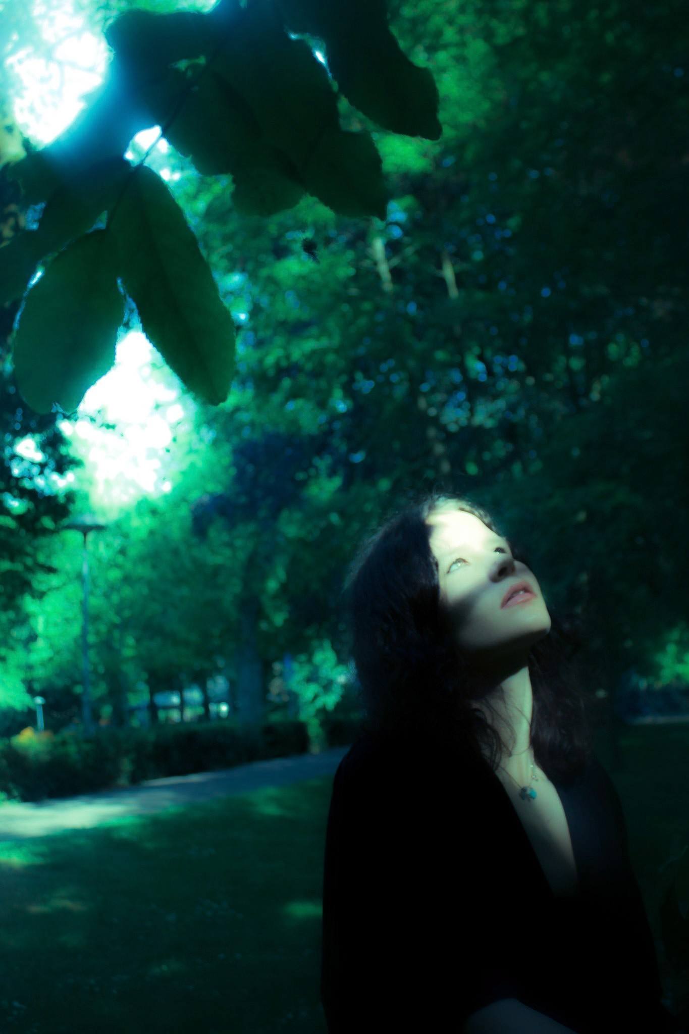 A woman looking up under trees, cold green light falling through the leaves